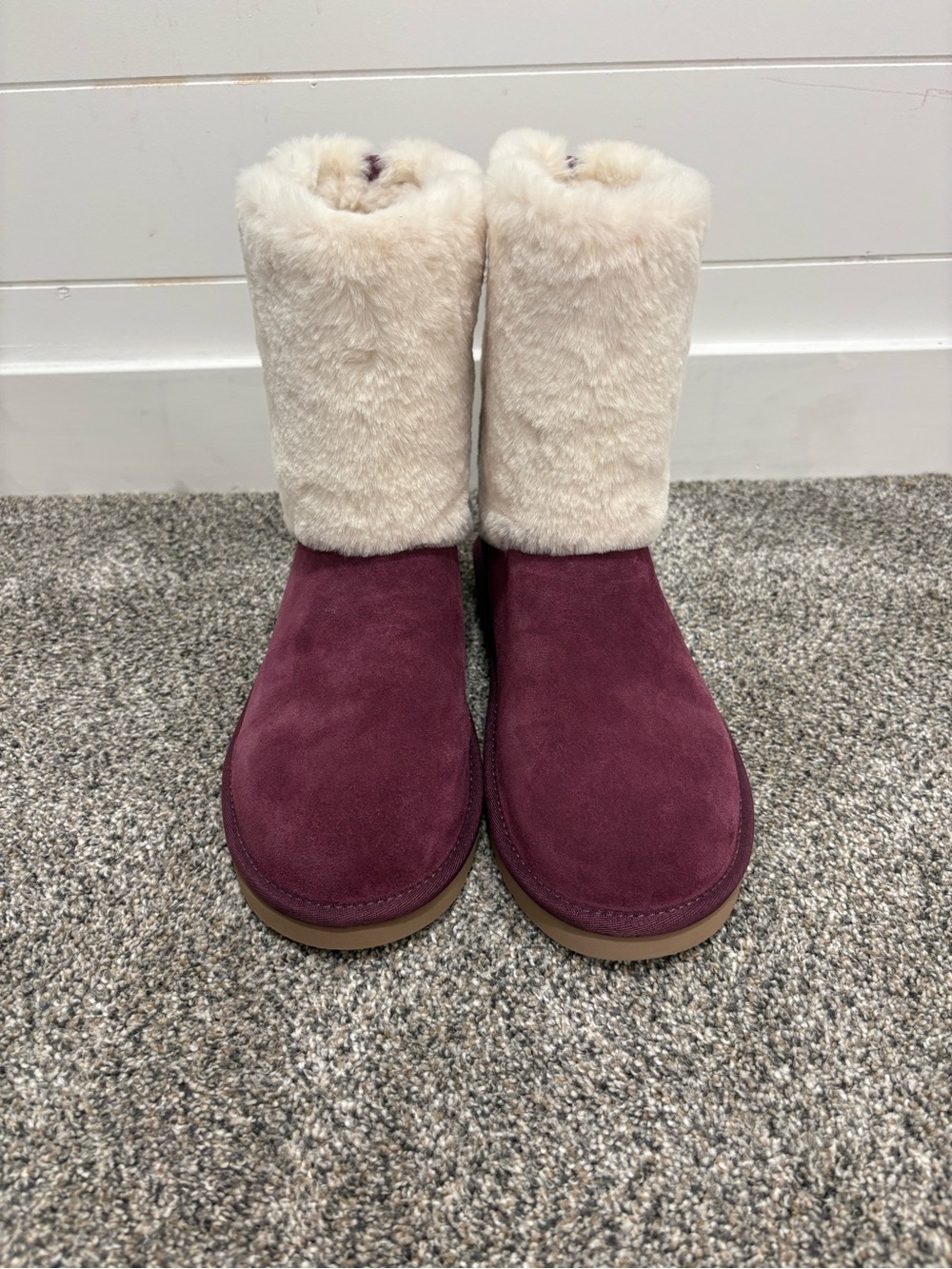 Koolaburra Burgundy Suede Winter Boots with Cream Faux Fur Cuff